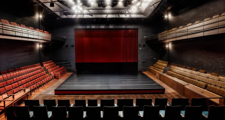 auditorium, black box theatre, dark theme, balcony, dark chairs, hanging equipment, scenery,wood stage, light, spotlight, (actors on the stage,:1.2)
raw photo, 8k uhd, dslr, soft lighting, high quality, film grain, Fujifilm XT3