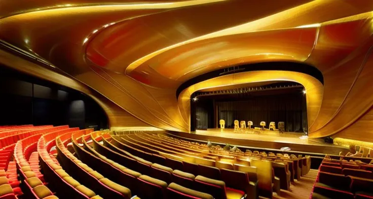 auditorium, view to stage, stripe ceiling, wooden deco, flowing shape, warm colors, yellow chairs, hanging equipment