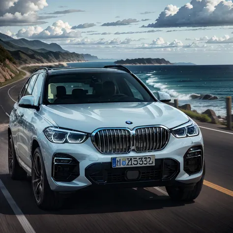 BMWX5, white,drifting or turning, on a road next to the sea on a tropical island, masterpiece, best quality, high quality, realistic lighting, cinematic lighting, high resolution, sharp, in focus, <lora:bmwx_20230915144930-000005:0.7>