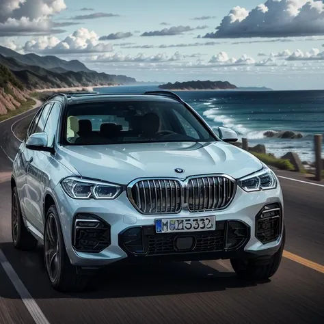 BMWX5, white,drifting or turning, on a road next to the sea on a tropical island, masterpiece, best quality, high quality, realistic lighting, cinematic lighting, high resolution, sharp, in focus, <lora:bmwx_20230915144930-000005:0.7>