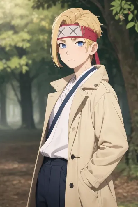 masterpiece, best quality, high quality, 1boy, solo, male focus, looking at viewer, upper body, <lora:tenza_yamada_asaemon:0.60>, tenza_yamada_asaemon, blonde hair, blue eyes, headband, , coat