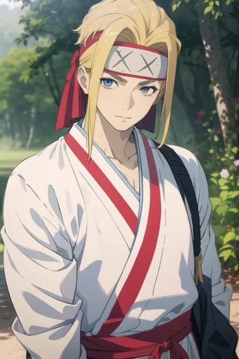 masterpiece, best quality, high quality, 1boy, solo, male focus, looking at viewer, upper body, <lora:tenza_yamada_asaemon:0.64>, tenza_yamada_asaemon, blonde hair, blue eyes, headband, realistic, jacket