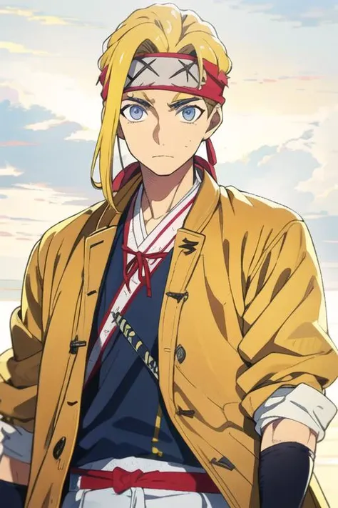 masterpiece, best quality, high quality, 1boy, solo, male focus, looking at viewer, upper body, <lora:tenza_yamada_asaemon:0.64>, tenza_yamada_asaemon, blonde hair, blue eyes, headband, , coat