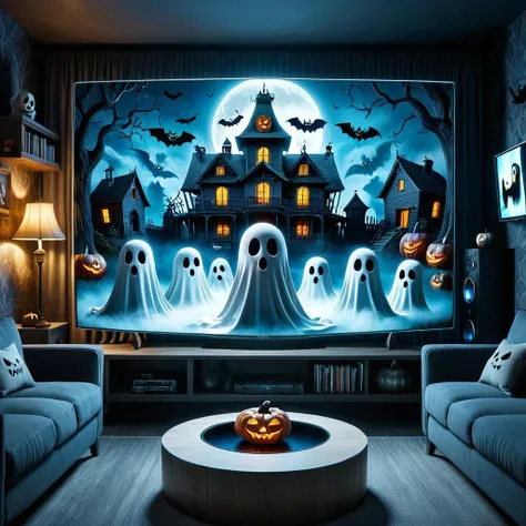 Surrealist art (Ultrarealistic:1.3) <lora:FF-Halloween-IT:1>,"a living room with a halloween themed screen, halloween scene, halloween atmosphere, chilling 4 k, halloween wallpaper with ghosts, halloween film, spooky netflix still shot, tv commercial, spooky halloween night, halloween night, 2 0 2 1 cinematic 4 k framegrab, halloween theme, spooky and scary atmosphere, 4 k'', hyperreal highly detailed 8 k, home wicca scene",(Kodachrome:1.3) . Dreamlike, mysterious, provocative, symbolic, intricate, detailed