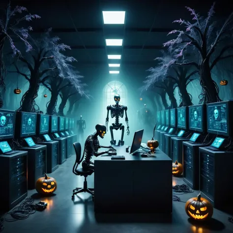 Surrealist art <lora:Halloween.FFusion.AI-TECH:1> halloween in the office with robots and pumpkins, cyber skeletons, halloween atmosphere, cyber skeleton, an alien working on a computer, cyber space, cyber western, robot in a server room, cyber space forest scene, spooky and scary atmosphere, cyber steampunk 8 k 3 d, halloween scene, halloween theme, cyberpunk hacker, cyber installation, hacking into the mainframe . Dreamlike, mysterious, provocative, symbolic, intricate, detailed