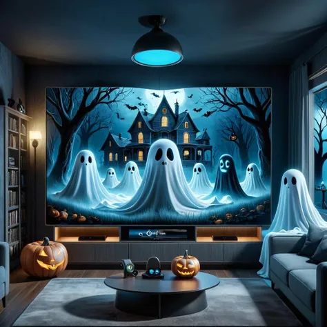 Surrealist art <lora:FF-Halloween-Full:1> a ghost sitting in a living room with a tv, halloween atmosphere, spooky and scary atmosphere, halloween wallpaper with ghosts, halloween scene, ghosts theme, in a halloween style, hyperreal highly detailed 8 k, spooky halloween theme, cute funny ghost, halloween theme, ghostly ghost, ghostly teenager bedroom, cute 3 d render, spooky netflix still shot, haunted house themed . Dreamlike, mysterious, provocative, symbolic, intricate, detailed