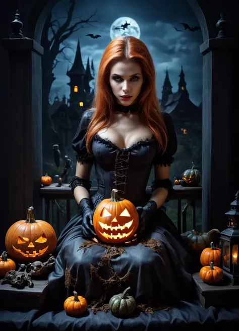 Horror-themed (Photo:1.3) of (Ultrarealistic:1.3) <lora:Halloween.FFusion.REAL:1> a girl sitting at a table with pumpkins and clocks, witch fairytale, fantasy photography, the witch conjure, realistic fantasy photography, magical realism and dark fantasy, dark fantasy mixed with realism, horror fairy tale, miss aniela, girl under lantern, by Alexey Venetsianov, by Aleksander Gierymski, by Alexander Kucharsky, Halloween theme, Halloween scene, Extremely high-resolution details, photographic, realism pushed to extreme, fine texture, incredibly lifelike,Highly Detailed,monster,ugly,surgery,evisceration,morbid,cut,open,rotten,mutilated,deformed,disfigured,malformed,missing limbs,extra limbs,bloody,slimy,goo,Richard Estes,Audrey Flack,Ralph Goings,Robert Bechtle,Tomasz Alen Kopera,H.R.Giger,Joel Boucquemont,ArtStation,DeviantArt contest winner,thematic background . Eerie, unsettling, dark, spooky, suspenseful, grim, highly detailed