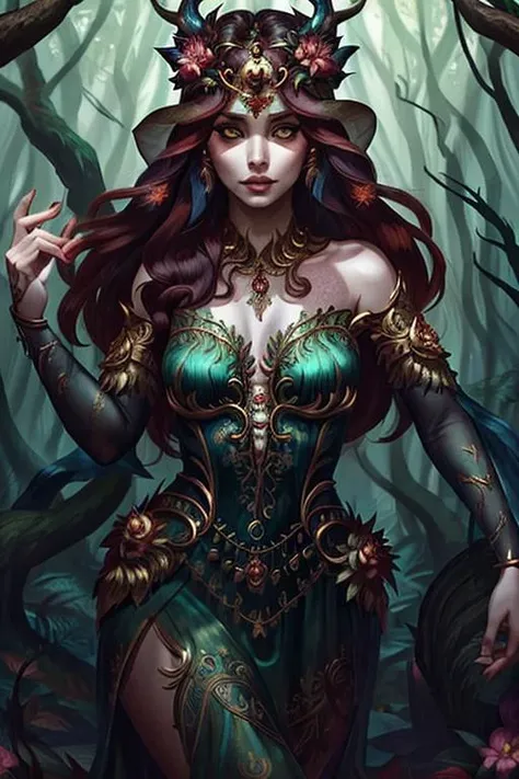 (green skin:1.2), thick thighs, wide hips, 8k, huge resolution, cleavage focus, angry expression, (antlers:1.2), leaf dress, (plant girl:1.2), nighttime, red hair styled in loose waves, thick brows, bone tooth necklace, hide cloak, fur trim collar, tribal jewelry, tribal tattoos, skulls, (gothic style:1.2)