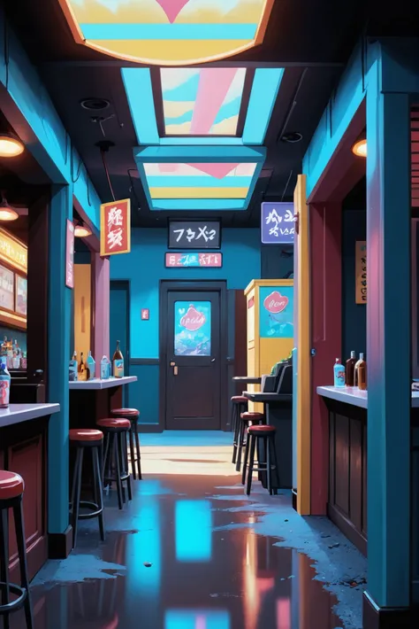 <lora:EnvyStarlightAnime14:1.25>soft anime digital painting, cinematic still, surreal, dive bar in a whimsical,abandoned fantasy megacity beyond the end of the multiverse, masterpiece
