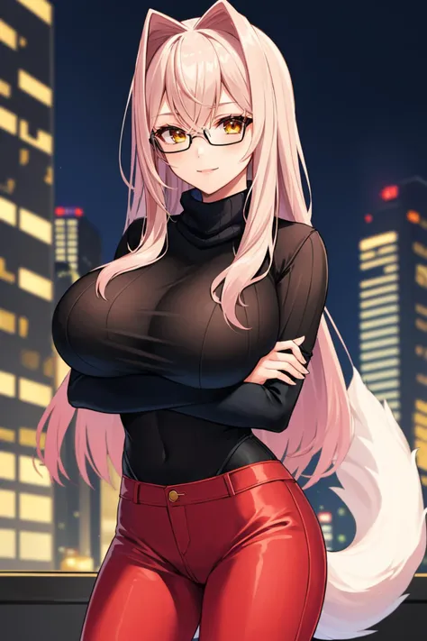 masterpiece, best quality, 1girl,  <lora:presa-nvwls-v1-000009:0.9> presa, hair intakes, pink hair, yellow eyes, glasses, huge breasts, black sweater, turtleneck, red pants, tail, smile, city, outdoors, looking at viewer, crossed arms