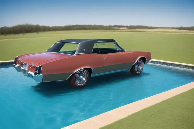 masterpiece, high res photograph, 8k, 1967 funny weird Buick Skylark, Prototype style ((background swimming pool))