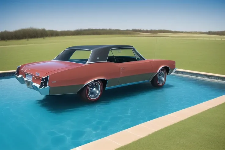 masterpiece, high res photograph, 8k, 1967 funny weird Buick Skylark, Prototype style ((background swimming pool))