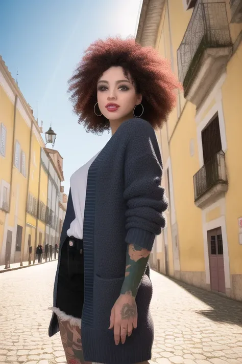 masterpiece, award winning, 8k, high res photo, average disco girl, wild punky hair, full body portrait, wearing deep plunge wool cardigan, (many tattoos), sunny, outdoors, (realistic skin 1.2), NSFW, lips parted smile, ultra high res, (detailed 1.2), dramatic photography ((background Lisbonne Portugal))