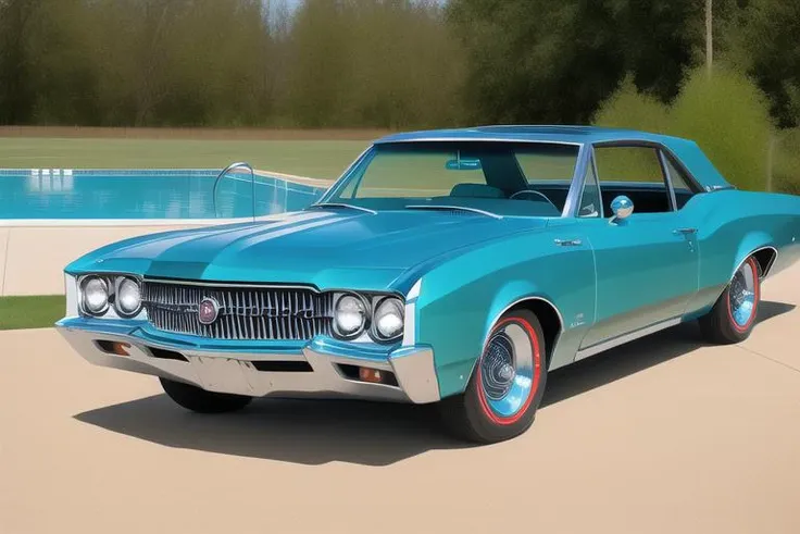 masterpiece, high res photograph, 8k, 1967 funny weird Buick Skylark, Prototype style ((background swimming pool))