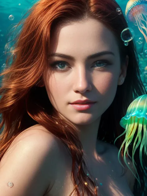 (Best quality)), ((masterpiece)), ((realistic)), (hyperrealism:1.2), (fractal art:1.2), (1girl), (perfect face:1.3), ((red long hair)), extreme detailed eyes, colorful, highest detailed, (mermaid), (detailed fish), (glowing jellyfish, shining jellyfish:1.2), (bubbles:1.2), seaweed, (under the sea), water streaks, vibrant colors, high contrast,(8K UHD:1.2), (photorealistic:1.2),