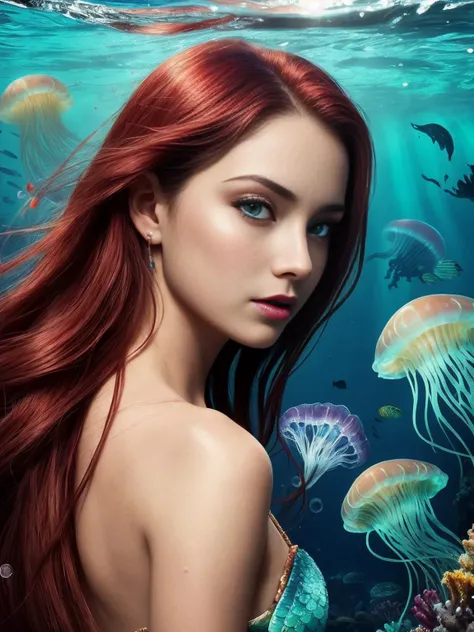 (masterpiece, top quality, best quality, official art, beautiful and aesthetic:1.2), (1girl), (perfect face:1.3), ((red long hair)), extreme detailed eyes, colorful, highest detailed, (mermaid), (detailed fish), (glowing jellyfish, shining jellyfish:1.2), (bubbles:1.2), seaweed, (under the sea), water streaks, vibrant colors, high contrast,