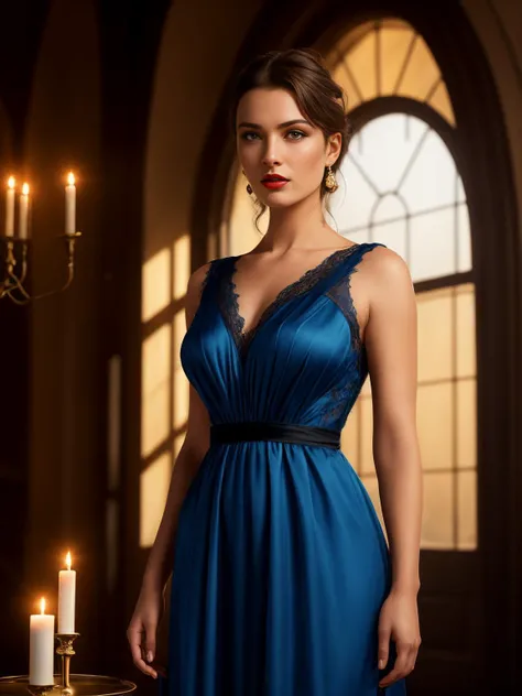 Arafed woman in Blue cocktail dress at a party. Hair in a bun,  full-length image, full-body, shooting full body, Brunette goddess, high detail, Standing posture
