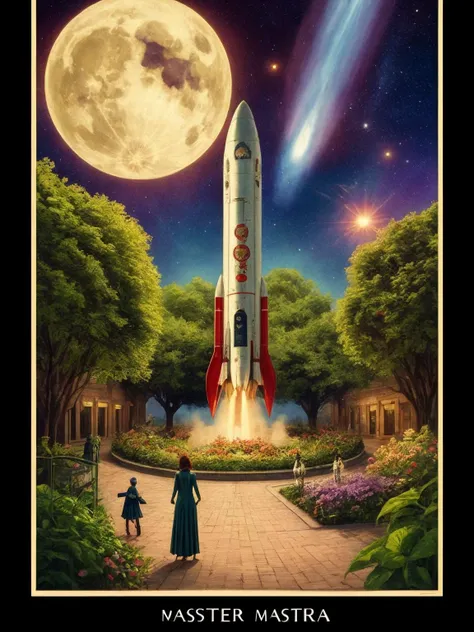 vintage masterwork, vintage ghouls, riding vintage rocket like horse, vintage hypnotism story, vintage erotic mind control, vintage long wavy hairstyles, vintage illustrated space flowers and vines growing on city ,vintage space monsters and aliens,