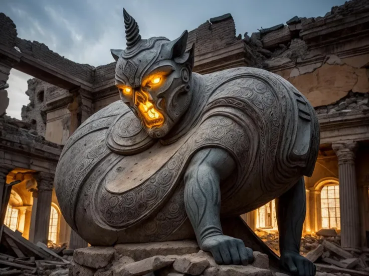 ((best quality)), ((masterpiece)), , majestic intricately detailed: Amidst the ruins of an ancient civilization, grotesque statues come to life, their stone forms contorting into nightmarish shapes, their eyes glowing with an unholy light. <lora:Elixir:1>