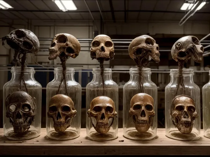 ((Best quality)), ((masterpiece)): Within an abandoned laboratory, rows of grotesque, jar-bound specimens reveal the horrifying fusion of human and alien biology, frozen in grotesque displays of monstrous evolution. <lora:Elixir:1>