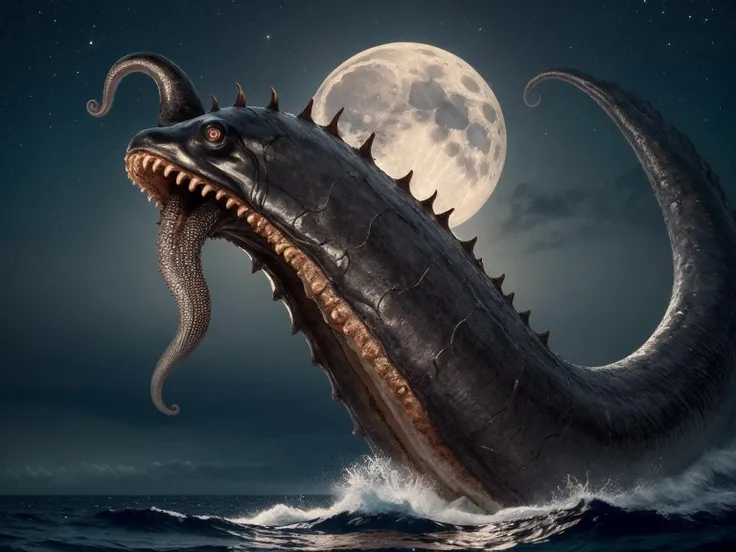 ((best quality)), ((masterpiece)), , majestic intricately detailed: From the darkest depths of the ocean, a colossal, tentacled horror rises, its slimy appendages writhing in the moonlight, leaving a trail of destruction in its wake. <lora:Elixir:1>