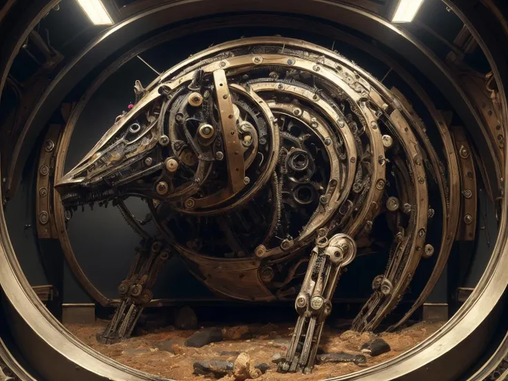 ((best quality)), ((masterpiece)), , majestic intricately detailed: A grotesque, bioengineered monstrosity, its form a blend of mechanical parts and organic tissue, looms in a chamber, its presence a testament to humanity's darkest ambitions. <lora:Elixir:1>