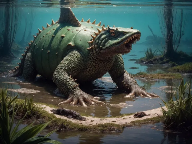 ((best quality)), ((masterpiece)), , majestic intricately detailed: Within a putrid swamp, a grotesque, amphibious creature lurks, its bloated form adorned with fungal growths and leathery fins, waiting to drag unsuspecting victims into the depths. <lora:Elixir:1>