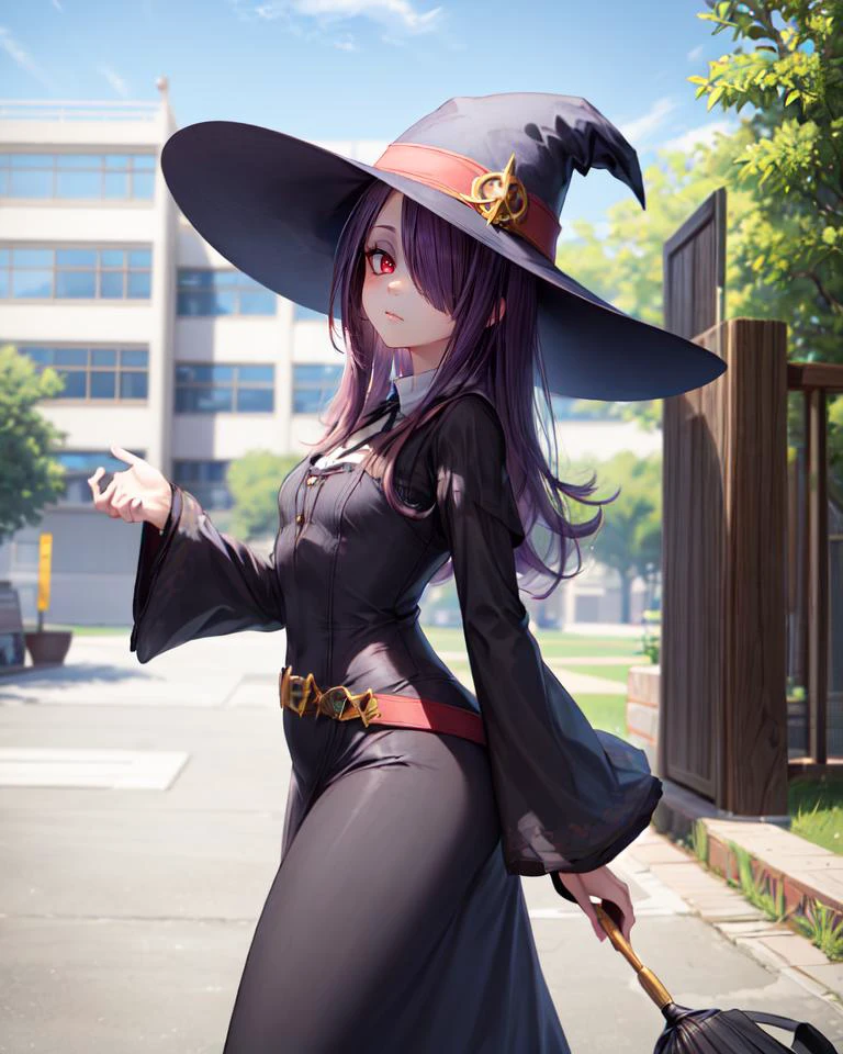 ((best quality)), ((highly detailed)), masterpiece, absurdres, (detailed eyes, deep eyes), <lora:more_details:.2>, (1girl), from the side, cowboy shot, <lora:hairdetailer:.9>, <lora:sucy_manbavaran:.8>, sucy_manbavaran, purple hair, long hair, hair over one eye, red eyes, makeup, eyeshadow, pale skin, small breasts, witch hat, luna nova school uniform, navy blue dress, maxi dress, long sleeves, wide sleeves, red belt, (outdoors, <lora:school_outdoors_v0.2:1>, at a school, building, gate, fence, twilight)