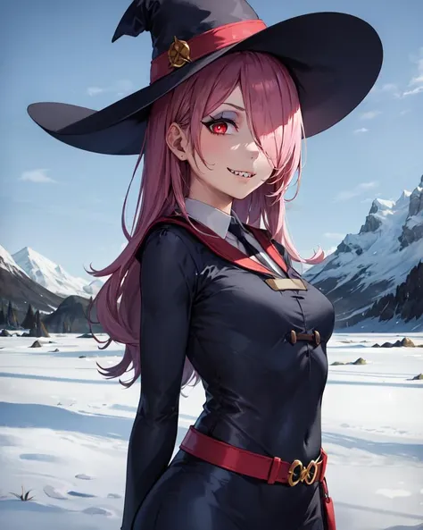 ((best quality)), ((highly detailed)), masterpiece, absurdres, (detailed eyes, deep eyes), <lora:more_details:.2>, (1girl), from beside, upper body, <lora:sucy_manbavaran:.8>, sucy_manbavaran, mauve hair, long hair, hair over one eye, red eyes, makeup, eyeshadow, pale skin, small breasts, <lora:Better Sharp Teeth 3:.95>, (sharp teeth), smirk, witch hat, luna nova school uniform, navy blue dress, maxi dress, long sleeves, wide sleeves, red belt, (outdoors, on a glacier, dusk)