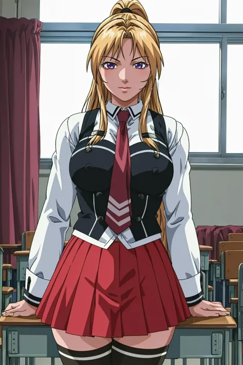 masterpiece, best quality, highres, 1girl kaori saeki, school uniform spaghetti strap black vest red necktie red skirt black thighhighs, classroom, cowboy shot, (smug:0.3), looking at viewer, focus solo <lora:kaori_saeki:1> <lora:bb-style:0.5>