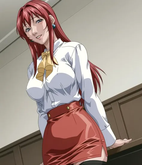 masterpiece, best quality, solo, 1girl,Hiroko Takashiro, red pencil skirt, standing, stockings, open shirt, yellow ribbon garder straps, earrings, pubic hair <lora:HirokoTakashiro:0.7> <lora:bb-style:0.5>, light smile, teeth, highly detail girl, model of metart,