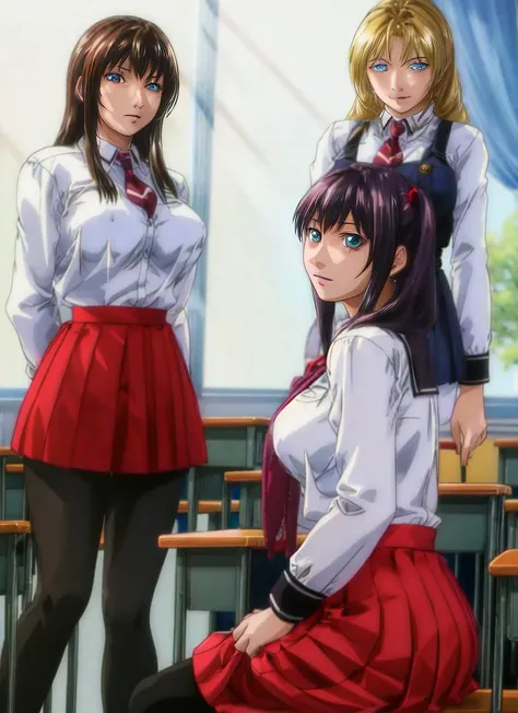 ((best quality)), ((highly detailed)), masterpiece, (detailed eyes, deep eyes), (1girl), from the front, full body, ((geta)), <lora:hairdetailer:.9>, innocent, big eyes, cute, sundress, (inside, at a classroom, desks, blackboard, a schoolgirl, schoolgirl uniform, pleated skirt ((BREAK)) and multiple girls, a teacher, standing, business pants, button down shirt), <lora:BibleBlack-style:.7>
