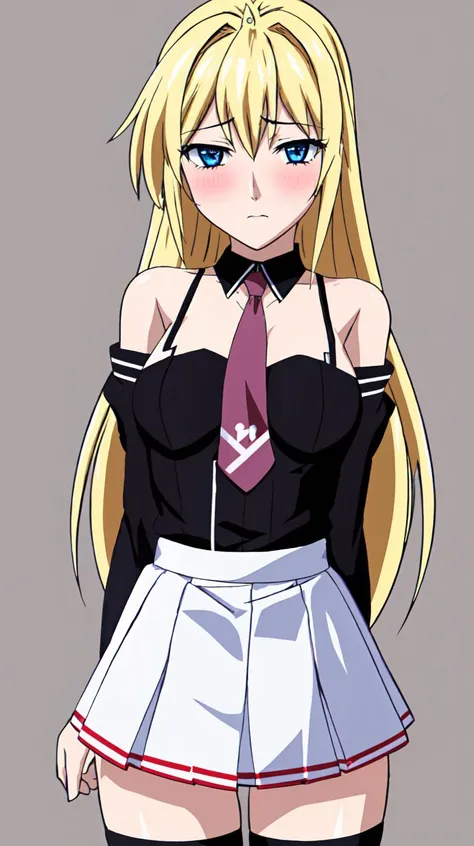 masterpiece, best quality,
 <lora:heronever_astel.sd15.v1:0.65>
astel,1girl,solo, blond hair, long hair, blue eyes (stdoutfit) black shirt black kneehighsbreak white skirt white beltblue necktie bare shoulders blush embarrassed detached sleeves blue sleeves standing, (simple background, black background),
 <lora:bb-style:0.6>