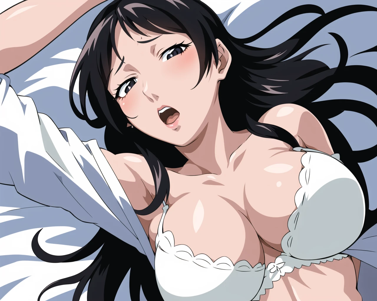 1girl, solo, bedroom, (bed), white lingerie, from_above, hand on face, blush, open mouth, relaxed, lying on back, large_breasts, cleavage, flower in hair, black_hair, black_eyes, long_hair, masterpiece, best quality, illustration, ultra-detailed, <lora:bb-style:0.6>, detailed eyes and face,