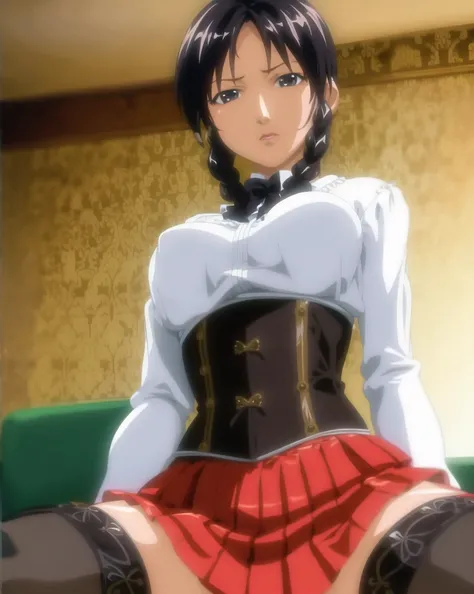 masterpiece, best quality, 1girl, sitting, couch, cowboy shot, <lora:bibleBlackStyle_10:0.7>, looking at viewer, black braided hair, corset, skirt, stockings, small breasts, indoors, female pubic hair