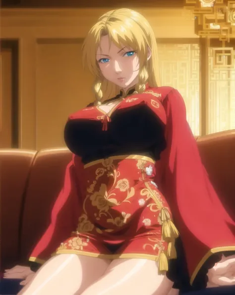 masterpiece, best quality, 1girl, sitting, couch, cowboy shot, <lora:bibleBlackStyle_10:0.7>, looking at viewer, gold braided hair, chinese dress, large breasts, indoors, female pubic hair