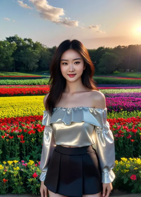 <lora:miki:1>miki, (32K resolution, masterpiece, ultra high quality, best quality, ultra high definition, perfect anatomy, Incredibly detailed, RAW, ultra super realistic, photorealistic, cinematic lighting, exquisitely detailed, extremely intricate, 8k UHD, high resolution), (1girl), cropped off-shoulder tank top, skirt, elegant hair, standing in the middle of a flower field, seductive smile, dynamic vivid colors