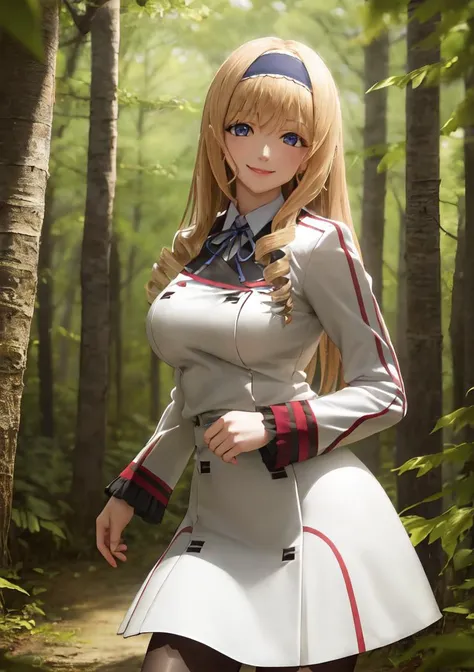 masterpiece, best quality, ultra-detailed, beautiful detailed eyes, extremely detailed eyes and face, 1girl, ceciliaalcott, school uniform, black pantyhose, ((large breasts)), standing, looking at viewer, smiling, forest, cowboy shot, upper body, <lora:Cecilia_Alcott_v1:0.75>