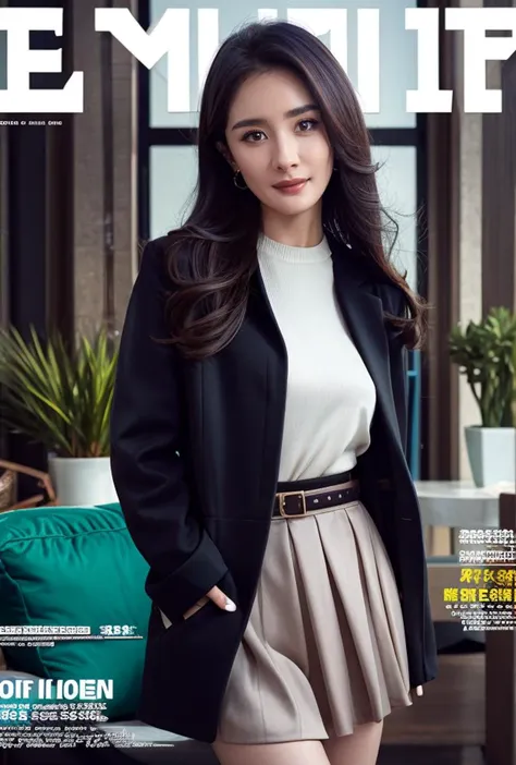 <lora:yangmi:0.88:lbw=1,0,0,0,0,0,0,0,1,1,1,1,1,1,1,1,1>
(fake cover), (magazine cover:1.66), cover, (english text:1.23), 
yangmi body, yangmi face, 1girl, solo, skirt, pleated skirt, long hair, cowboy shot, brown eyes, standing, highres, lips, realistic, brown hair, jacket, looking at viewer, black dress, white jacket, dress, long sleeves, smile, black skirt,
indoorscene, scenery, window, highres, plant, table, indoors, couch, potted plant, cup, day,
<lora:NM_æé¨æ¹åå¨_1.0:0.15> <lora:more_details:0.3> <lora:epi_noiseoffset2:1> <lora:QYpifuV1:0.9>