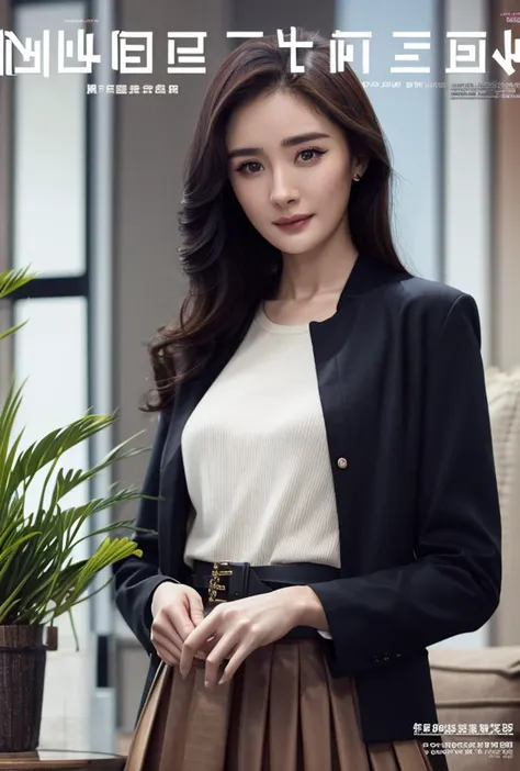 <lora:yangmi:0.88:lbw=1,0,0,0,0,0,0,0,1,1,1,1,1,1,1,1,1>
(fake cover), (magazine cover:1.66), cover, (english text:1.23), 
yangmi body, yangmi face, 1girl, solo, skirt, pleated skirt, long hair, cowboy shot, brown eyes, standing, highres, lips, realistic, brown hair, jacket, looking at viewer, black dress, white jacket, dress, long sleeves, smile, black skirt,
indoorscene, scenery, window, highres, plant, table, indoors, couch, potted plant, cup, day,
<lora:NM_æé¨æ¹åå¨_1.0:0.15> <lora:more_details:0.3> <lora:epi_noiseoffset2:1> <lora:QYpifuV1:0.9>