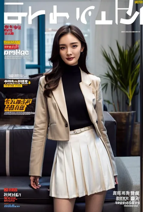 <lora:yangmi:0.88:lbw=1,0,0,0,0,0,0,0,1,1,1,1,1,1,1,1,1>
(fake cover), (magazine cover:1.66), cover, (english text:1.23), 
yangmi body, yangmi face, 1girl, solo, skirt, pleated skirt, long hair, cowboy shot, brown eyes, standing, highres, lips, realistic, brown hair, jacket, looking at viewer, black dress, white jacket, dress, long sleeves, smile, black skirt,
indoorscene, scenery, window, highres, plant, table, indoors, couch, potted plant, cup, day,
<lora:NM_æé¨æ¹åå¨_1.0:0.35> <lora:more_details:0.3> <lora:epi_noiseoffset2:1> <lora:QYpifuV1:0.9>