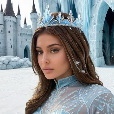 concept art close-up photo of kyl13 a woman, brown hair, as an ice queen, at an ice castle, <lora:Kylie_Jenner_SDXL_2019-2021:1> . digital artwork, illustrative, painterly, matte painting, highly detailed