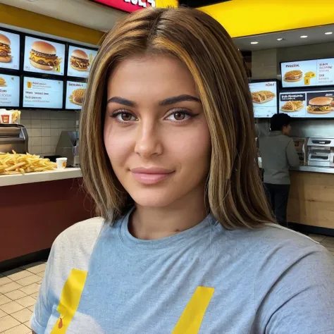 Hyperrealistic art close-up photo of kyl13 a woman, at mcdonalds, casual outfit, looking at viewer, <lora:Kylie_Jenner_SDXL_2019-2021:.9> . Extremely high-resolution details, photographic, realism pushed to extreme, fine texture, incredibly lifelike