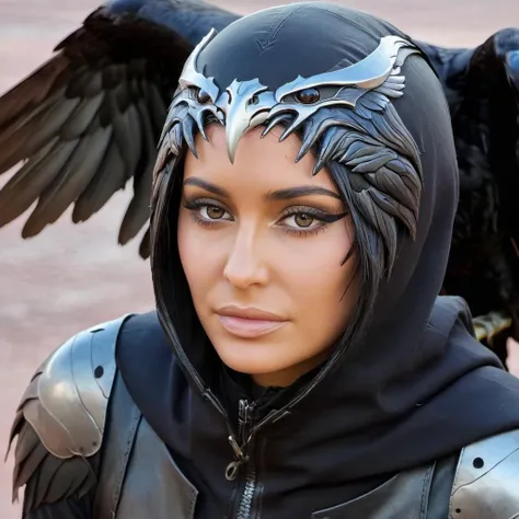 Hyperrealistic art close-up photo of kyl13 a woman, wearing a raven outfit, at hell, looking at viewer, <lora:Kylie_Jenner_SDXL_2019-2021:.9> . Extremely high-resolution details, photographic, realism pushed to extreme, fine texture, incredibly lifelike