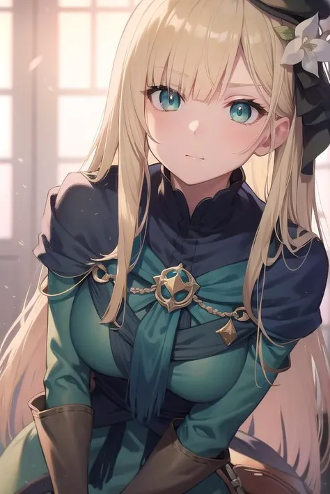Blonde Hair, choker, (Green Eyes:1.5), Long Hair, break bare shoulders, Blue kimono, blush, blush stickers, Cleavage, clavicle, have, Off the shoulder, Pentacles, wizard have, (Blue clothes:1.5), break looking at viewer, break outdoors, city, break (masterpiece:1.2), highest quality, High resolution, Unity 8k, (shape:0.8), (Beautiful details:1.6), Highly detailed face, Perfect lighting, Extremely detailed CG, (Perfect hands, Perfect Anatomy),
