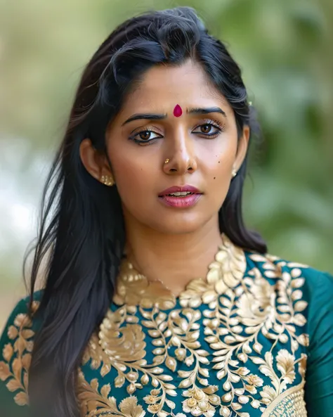 ultrarealistic soft focus photo of a 30-year-old woman, nyla usha, outdoors, high neck Long Anarkali Gown covering chest and cleavage, Tearful eyes of sentiment, macro shot camera angle, looking looking at camera, day time, beautiful bokeh <lora:Nyla_Usha_SDXL_LoRA:1>
