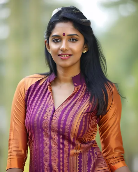 ultrarealistic soft focus photo of a 30-year-old woman, nyla usha, outdoors, high neck Kurti with Leggings  covering chest and cleavage, smiling, Medium long shot camera angle, looking looking at camera, day time, beautiful bokeh  <lora:Nyla_Usha_SDXL_LoRA:1>