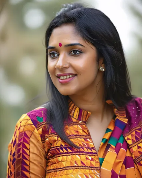 ultrarealistic soft focus photo of a 30-year-old woman, nyla usha, outdoors, high neck Phulkari Suit  covering chest and cleavage, smiling, Point-of-view shot camera angle, looking looking at camera, day time, beautiful bokeh  <lora:Nyla_Usha_SDXL_LoRA:1>