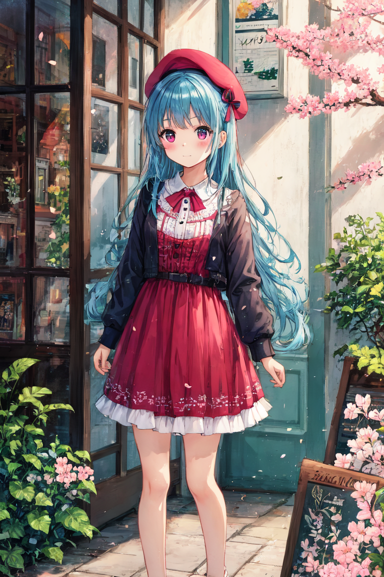 A woman in a red dress and hat standing in front of a building - SeaArt AI
