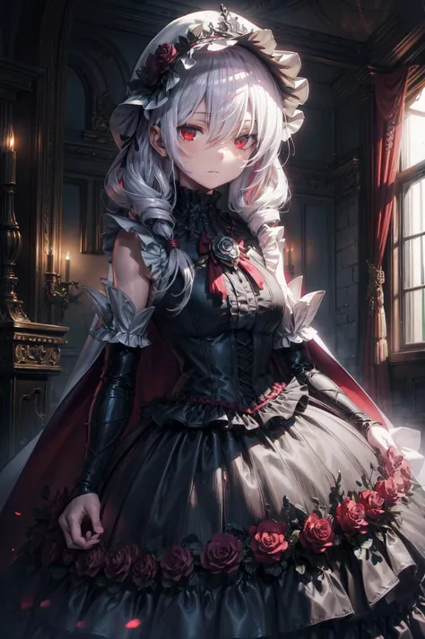 detailed illustration, upper body, close up, of mature female, viola, pretty face, red eyes,white hair,twin drills, hood up,cape,rose,detached sleeves,dress,jewelry,necklace,frills, standing,looking at viewer,expressionless, inside, underground cave, cinematic lighting, hires, volumetric lighting, highly detailed background, masterpiece, <lora:add_detail:0.5> <lora:hairdetailer:0.5> <lora:viola-11SCVv9:0.8>,
